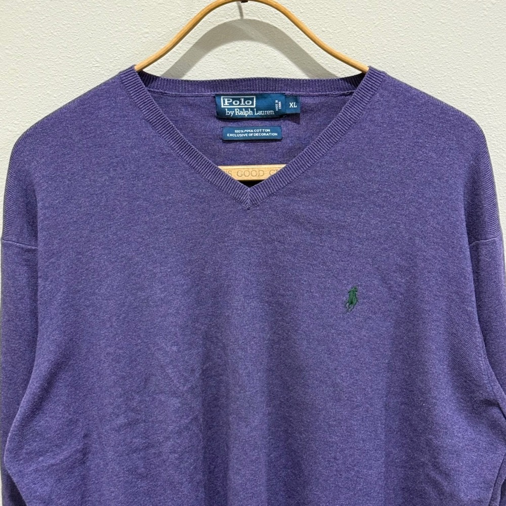 VTG Polo Ralph Lauren Pima Cotton V-Neck Sweater Mens XL Long Sleeve Pony Logo‎